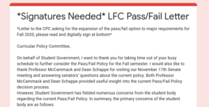 Pass/Fail Policy Change for Fall 2020 semester the result of Student Government advocacy