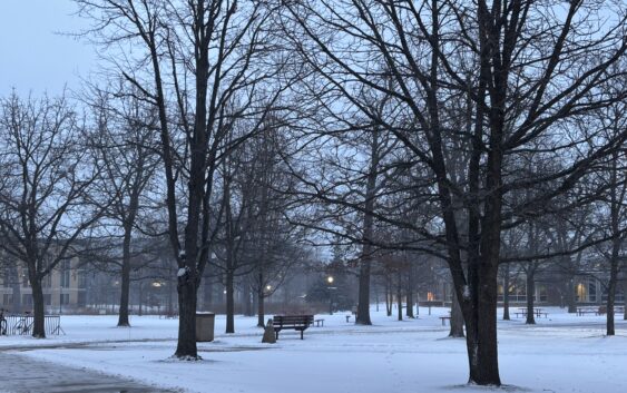Campus covered in snow during winter.