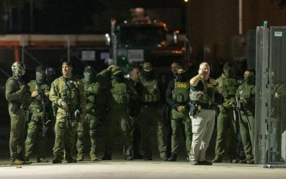 Federal officers previously posted at Beach Street at Broadview’s ICE processing facility. Tuesday, Oct. 14, 2025. (Tyler Pasciak LaRiviere/Chicago Sun-Times via AP)